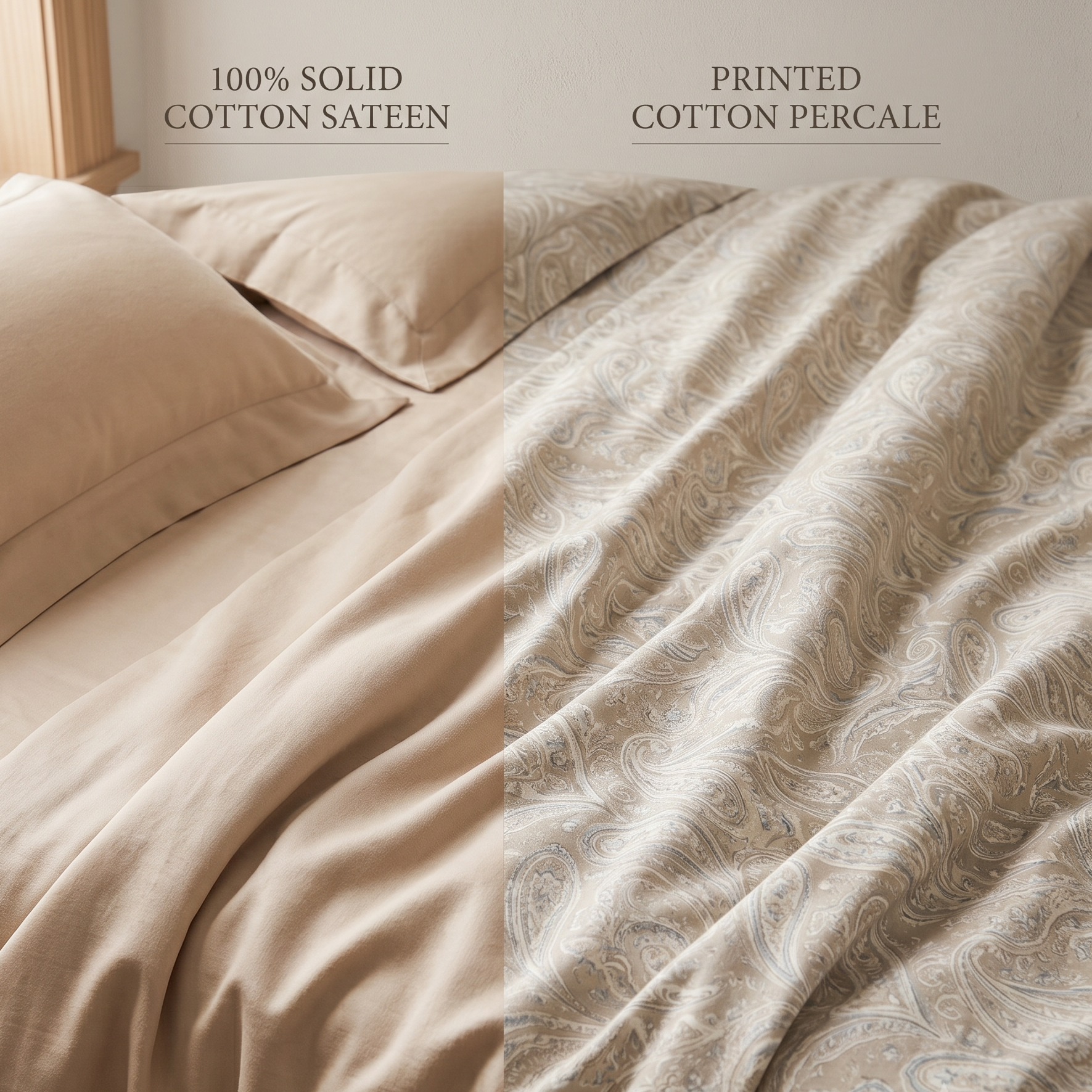 Side by side comparison of printed and plain bed sheets