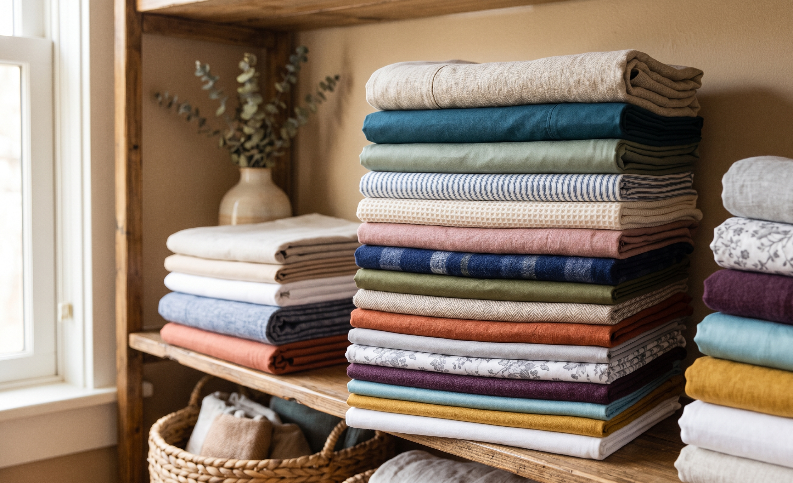 Assortment of folded bed sheets in different colours and textures