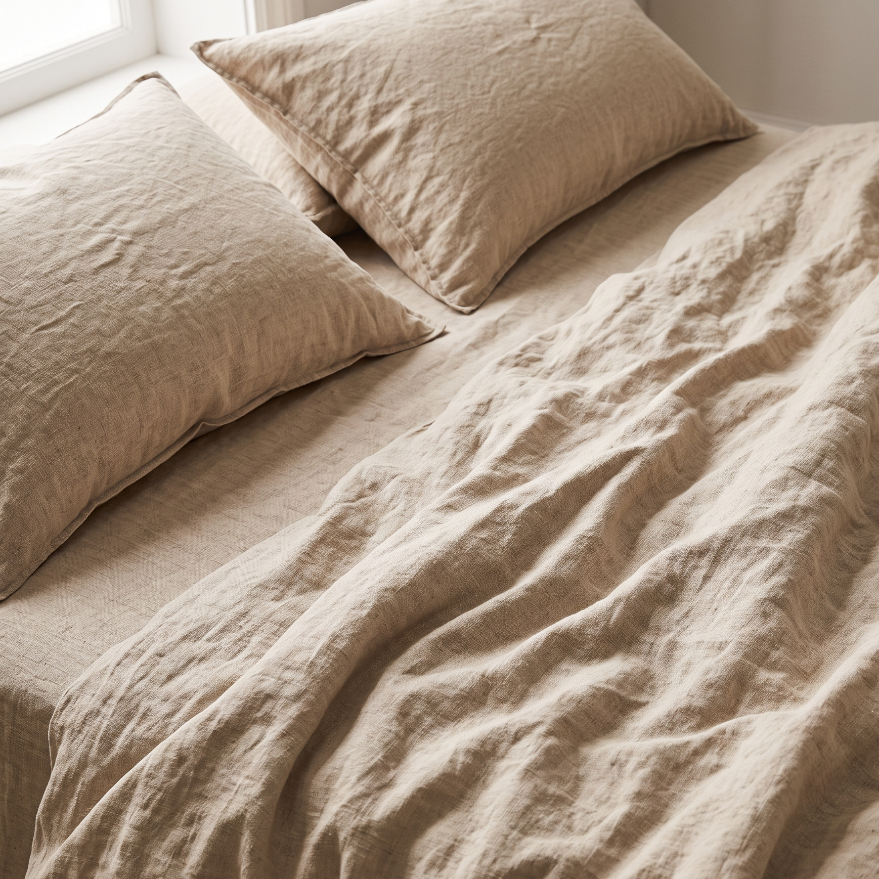Relaxed textured linen bed sheets on a bed