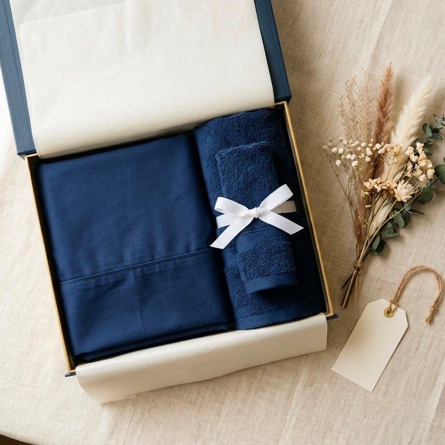 AVIS Bedlinen wedding gift box opened showing folded cotton bedsheet set