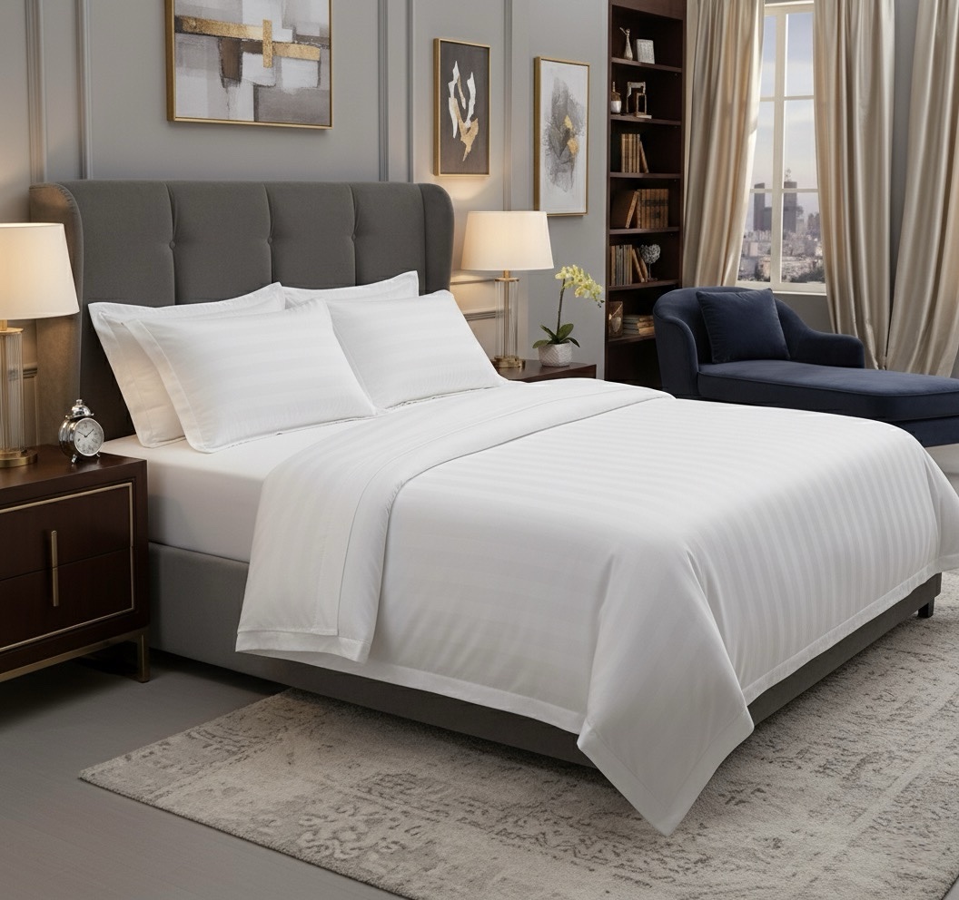 White Self Striped 600 TC Cotton Bed Sheet | 108” x 108” with 2 Pillow Covers - Image 6