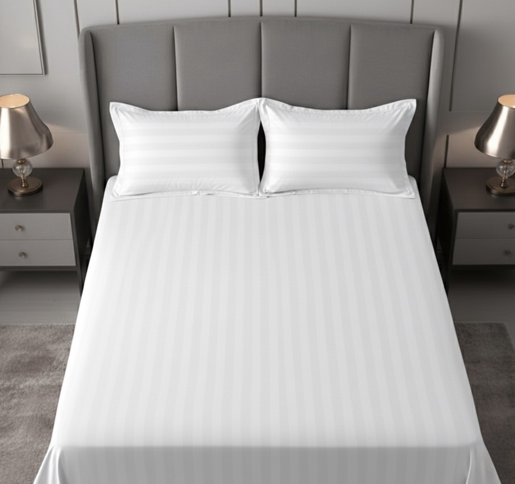 White Self Striped 600 TC Cotton Bed Sheet | 108” x 108” with 2 Pillow Covers - Image 5
