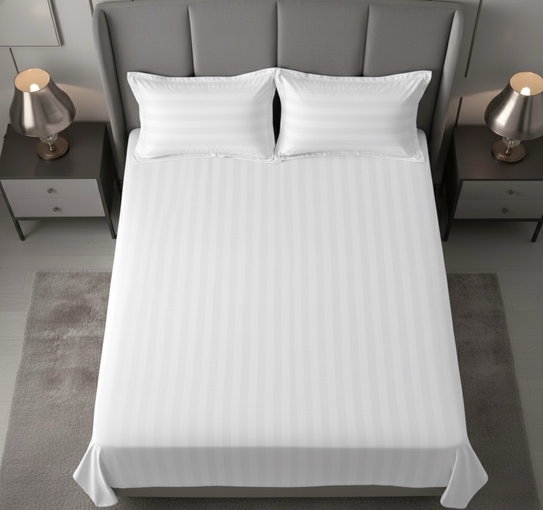 White Self Striped 600 TC Cotton Bed Sheet | 108” x 108” with 2 Pillow Covers - Image 4