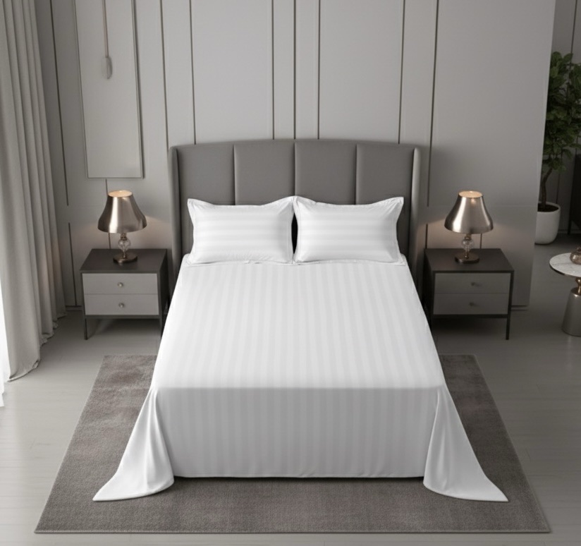 White Self Striped 600 TC Cotton Bed Sheet | 108” x 108” with 2 Pillow Covers - Image 7