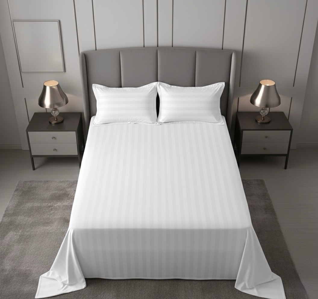 White Self Striped 600 TC Cotton Bed Sheet | 108” x 108” with 2 Pillow Covers - Image 3