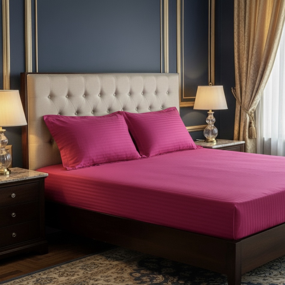 Viva Magenta pink Striped bed sheet | 250 TC