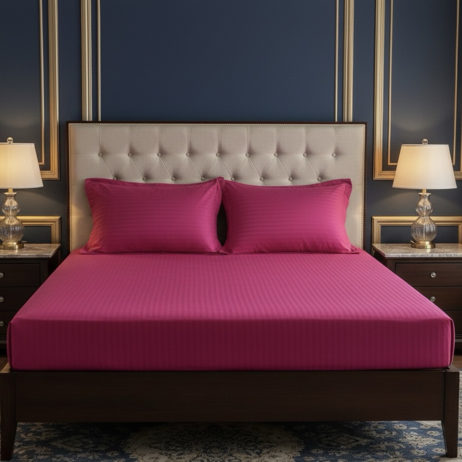 Viva Magenta pink Striped bed sheet | 250 TC - Image 4