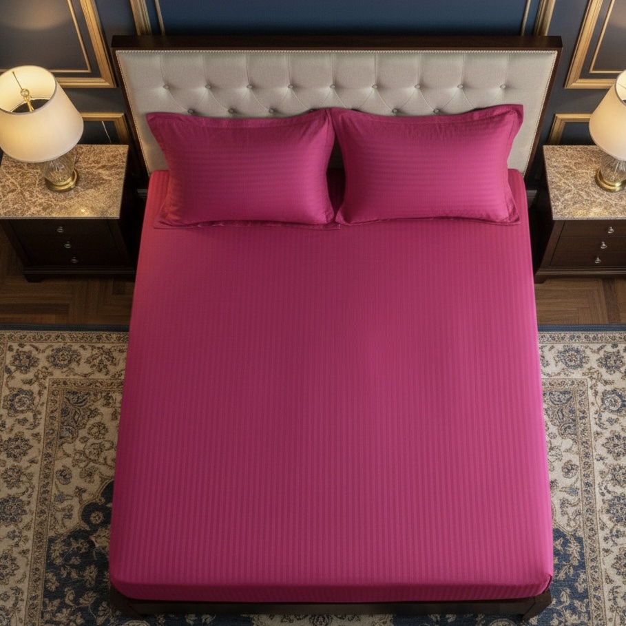 Viva Magenta pink Striped bed sheet | 250 TC - Image 3