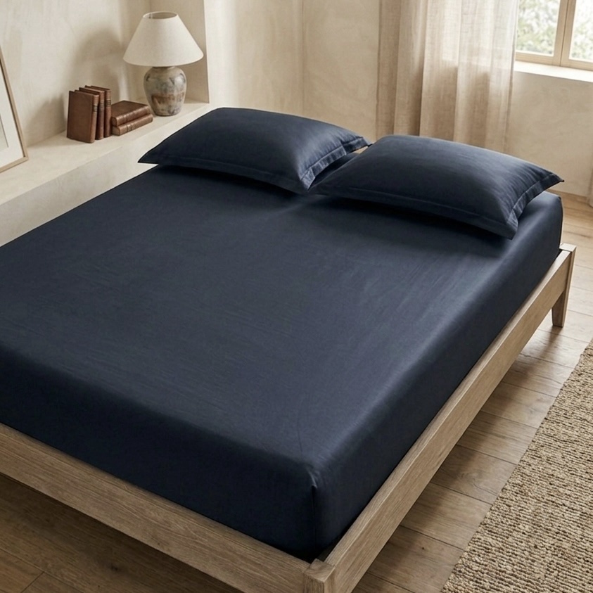 Estate Blue Solid 100% Cotton Bedding Set | 400TC with 2 Pillow Covers - Image 2