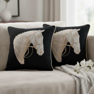 Black Horse Cushion Cover with White Piping | 16” x 16”