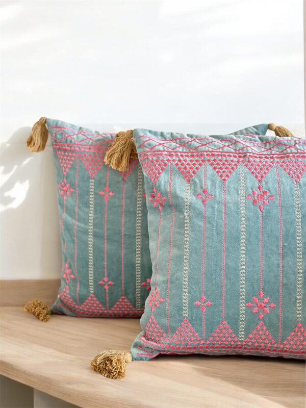 Azure Bloom Embroidered Cushion Cover - Image 2