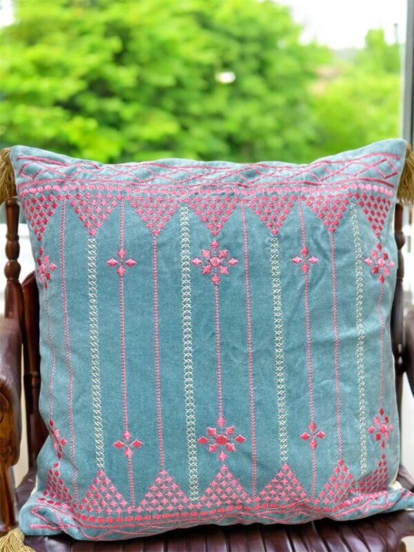 Azure Bloom Embroidered Cushion Cover