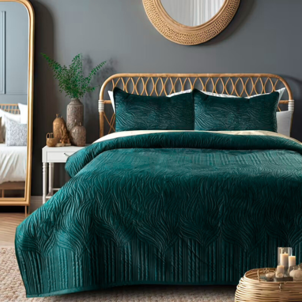 Teal Velvet Quilted Bedspread