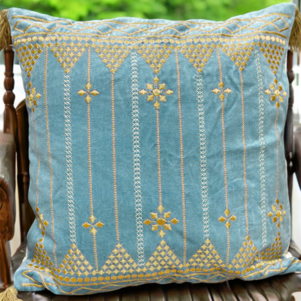 Azure Golden Bloom Embroidered Cushion Cover