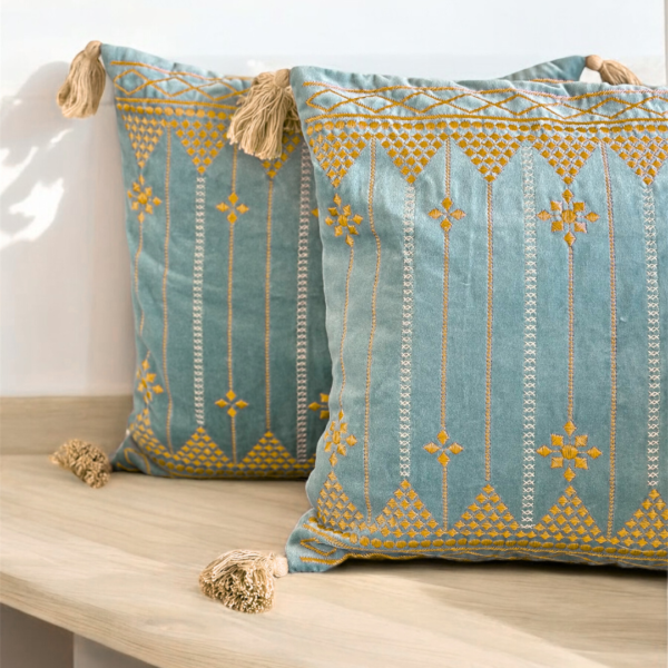 Azure Golden Bloom 16" x 16" Embroidered Cushion Cover - Image 2