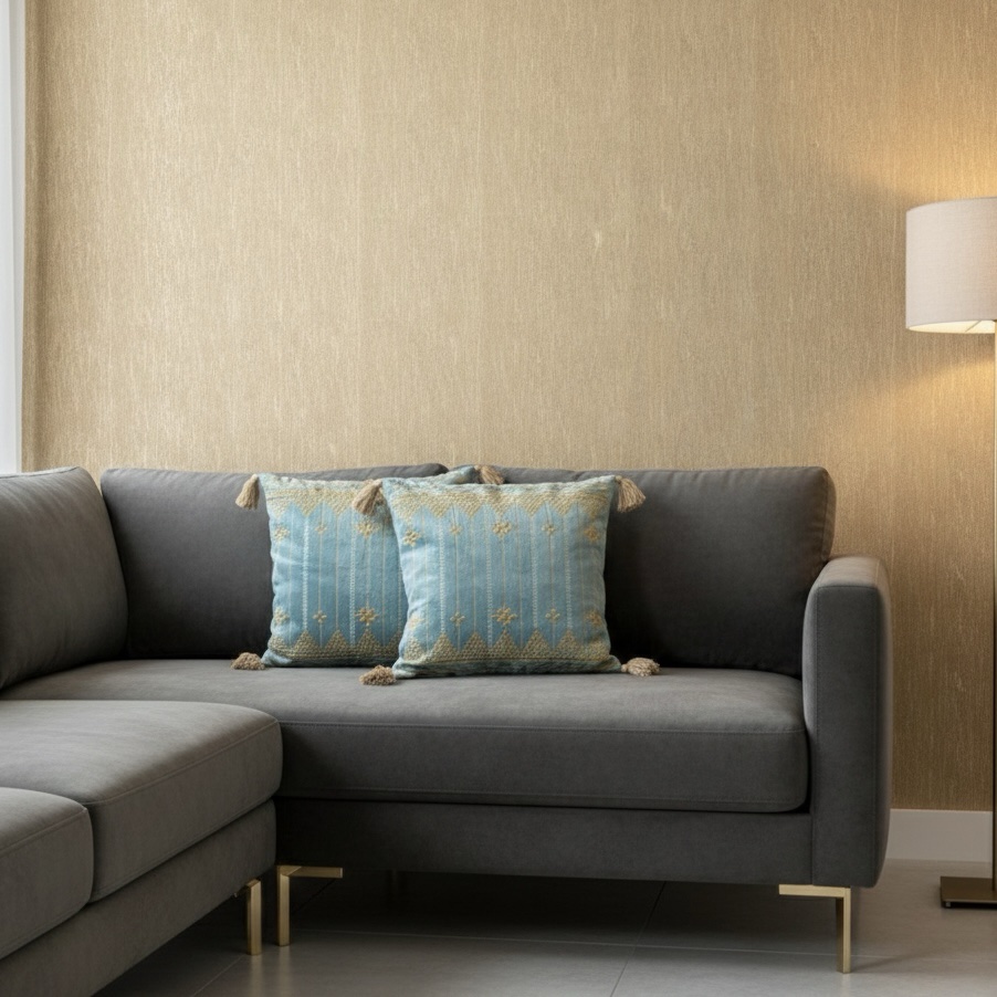 Azure Golden Bloom 16" x 16" Embroidered Cushion Cover - Image 8