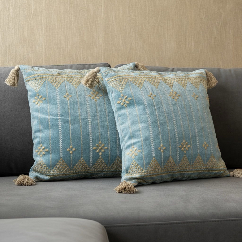 Azure Golden Bloom 16" x 16" Embroidered Cushion Cover - Image 7