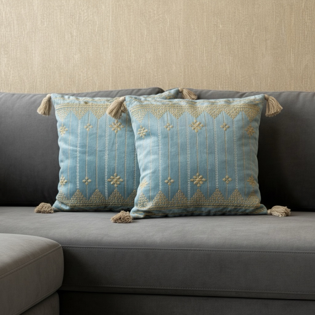 Azure Golden Bloom 16" x 16" Embroidered Cushion Cover - Image 4