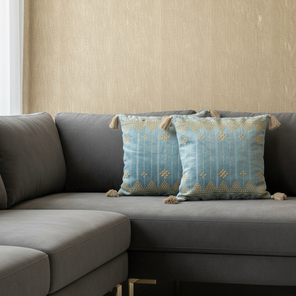 Azure Golden Bloom 16" x 16" Embroidered Cushion Cover - Image 3