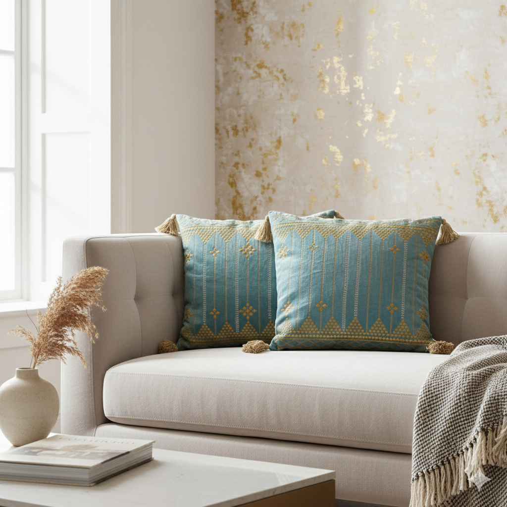 Azure Golden Bloom 16" x 16" Embroidered Cushion Cover - Image 6