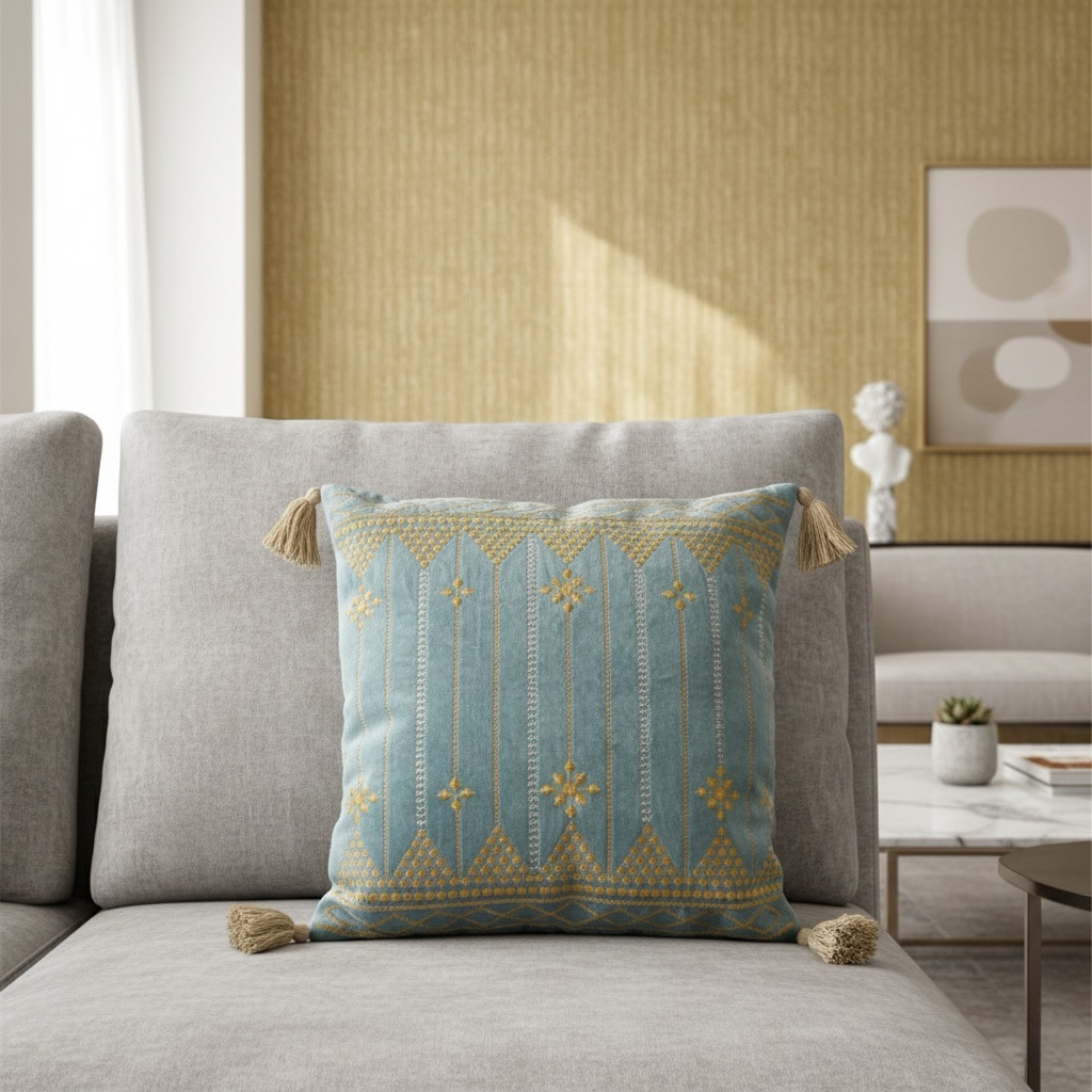 Azure Golden Bloom 16" x 16" Embroidered Cushion Cover - Image 5