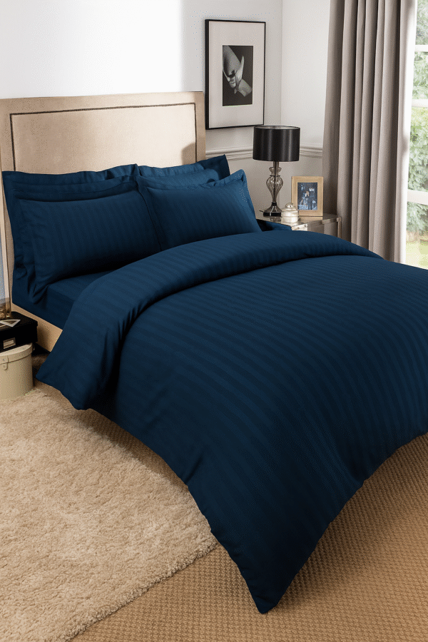 Dark blue striped 100% Cotton Bedding Set | King Size 108x108 | 600 TC with 2 Pillow Covers - Image 2