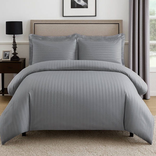 Light grey striped 100% Cotton Bedding Set | King Size 108x108 | 600 TC with 2 Pillow Covers - Image 2