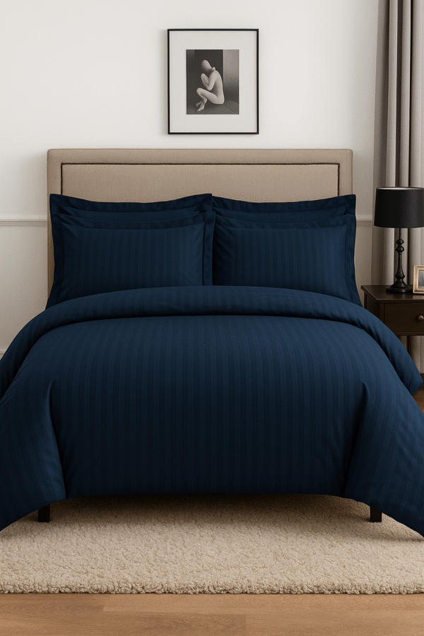 Dark blue striped 100% Cotton Bedding Set | King Size 108x108 | 600 TC with 2 Pillow Covers - Image 3