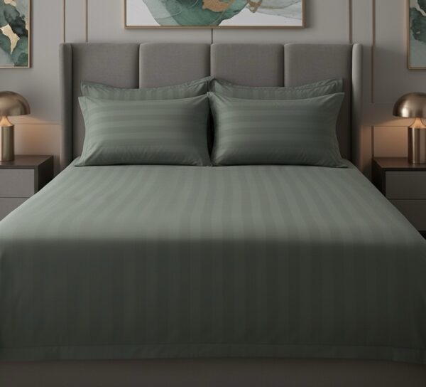 Sage green striped 100% Cotton Bedding Set | King Size 108x108 | 600 TC | Flat sheet with 2 Pillow Covers - Image 3