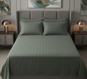 Sage green striped 100% Cotton Bedding Set | King Size 108x108 | 600 TC | Flat sheet with 2 Pillow Covers