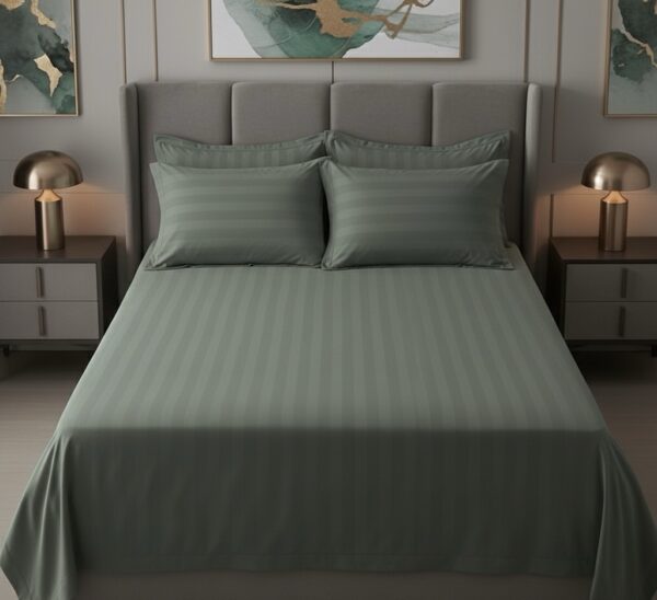Sage green striped 100% Cotton Bedding Set | King Size 108x108 | 600 TC | Flat sheet with 2 Pillow Covers