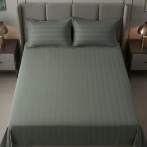 Sage green striped 100% Cotton Bedding Set | King Size 108x108 | 600 TC | Flat sheet with 2 Pillow Covers
