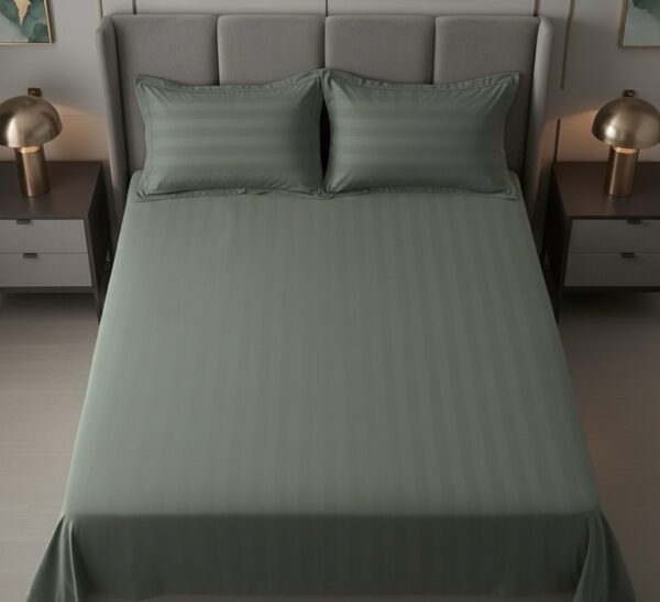 Sage green striped 100% Cotton Bedding Set | King Size 108x108 | 600 TC | Flat sheet with 2 Pillow Covers - Image 2