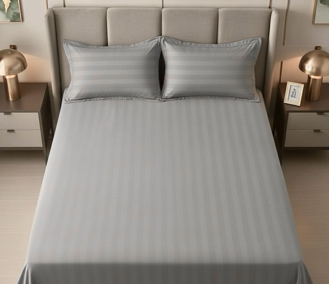 Light grey striped 100% Cotton Bedding Set | King Size 108x108 | 600 TC with 2 Pillow Covers