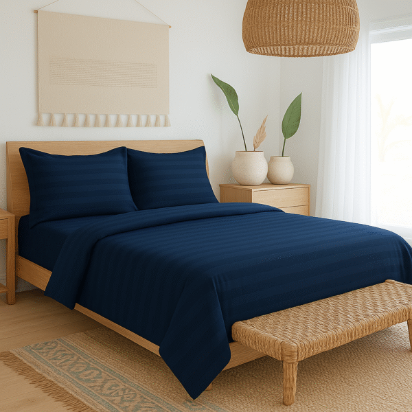 Dark blue striped 100% Cotton Bedding Set | King Size 108x108 | 600 TC with 2 Pillow Covers - Image 5