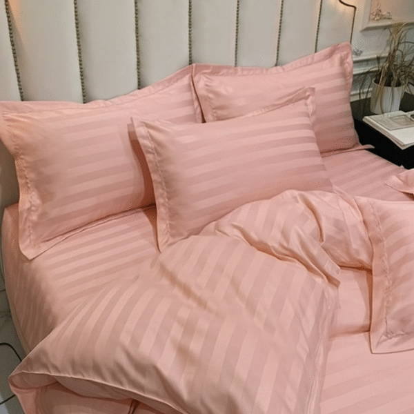 Peach striped 100% Cotton Bedding Set | King Size 108x108 | 600 TC with 2 Pillow Covers - Image 2