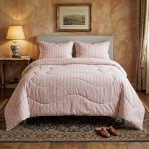 Baby pink striped Wavy Comforter with White Piping
