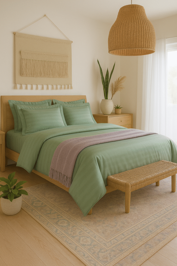 Sage green striped 100% Cotton Bedding Set | King Size 108x108 | 600 TC with 2 Pillow Covers - Image 3