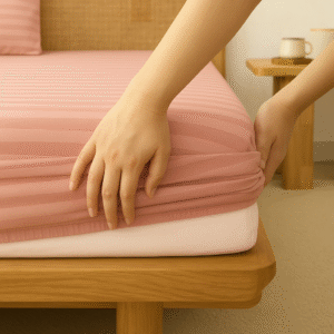 Peach pink striped Fitted Bedding set | 600 TC