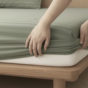 Sage green striped Fitted Bedding set | 600 TC