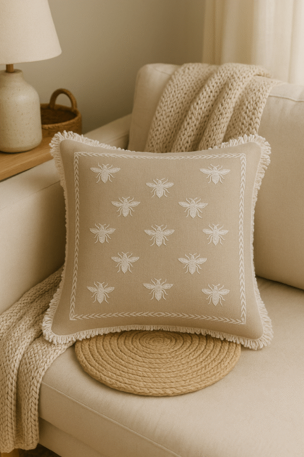 Embroidered Bee Linen Cushion Cover