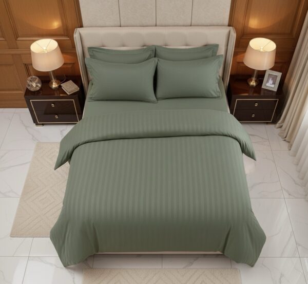 7 pc set | 600 TC | Sage green striped bedding set - Image 10
