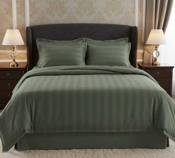 7 pc set | 600 TC | Sage green striped bedding set - Image 2
