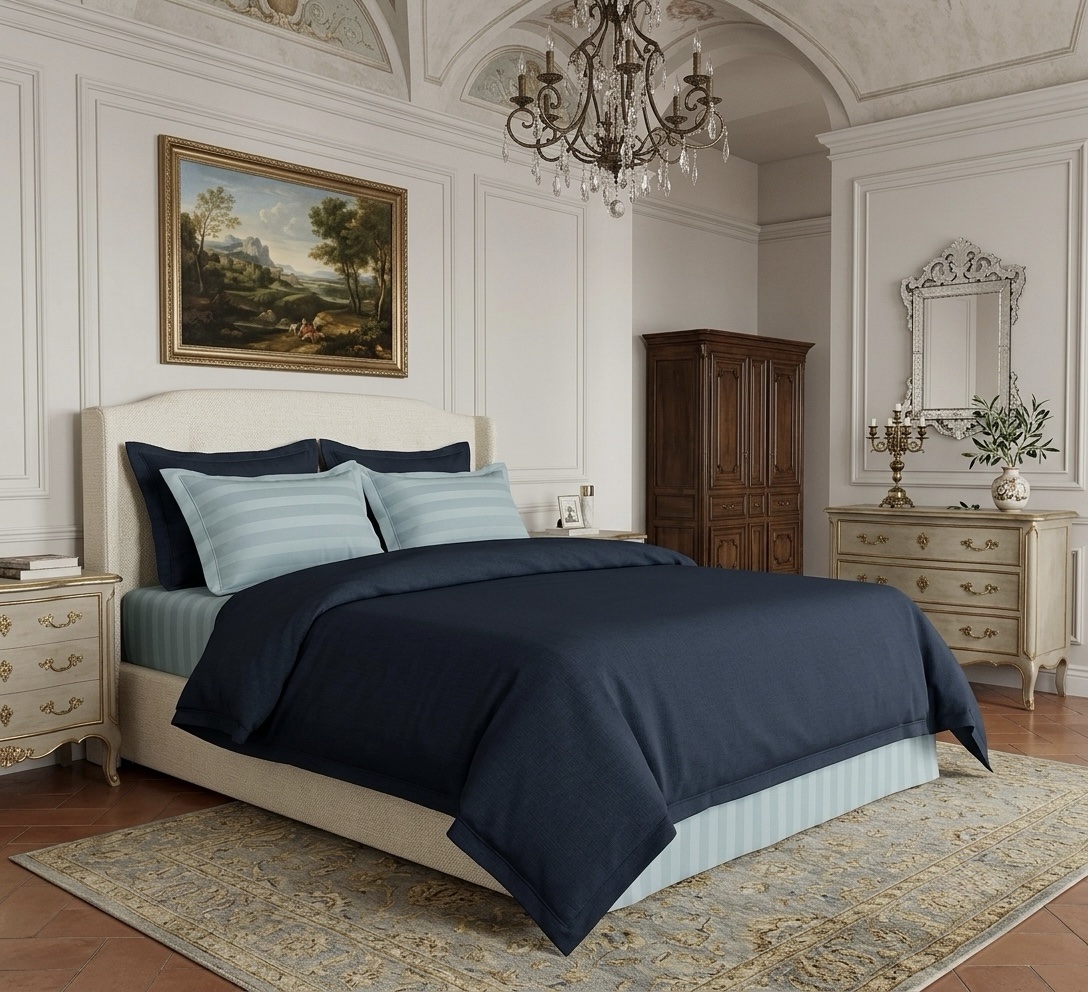 7 pcs set | Customised Charcoal blue with blue striped bedding set and Duvet - Image 3