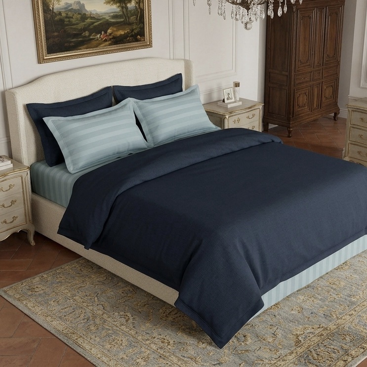 7 pcs set | Customised Charcoal blue with blue striped bedding set and Duvet