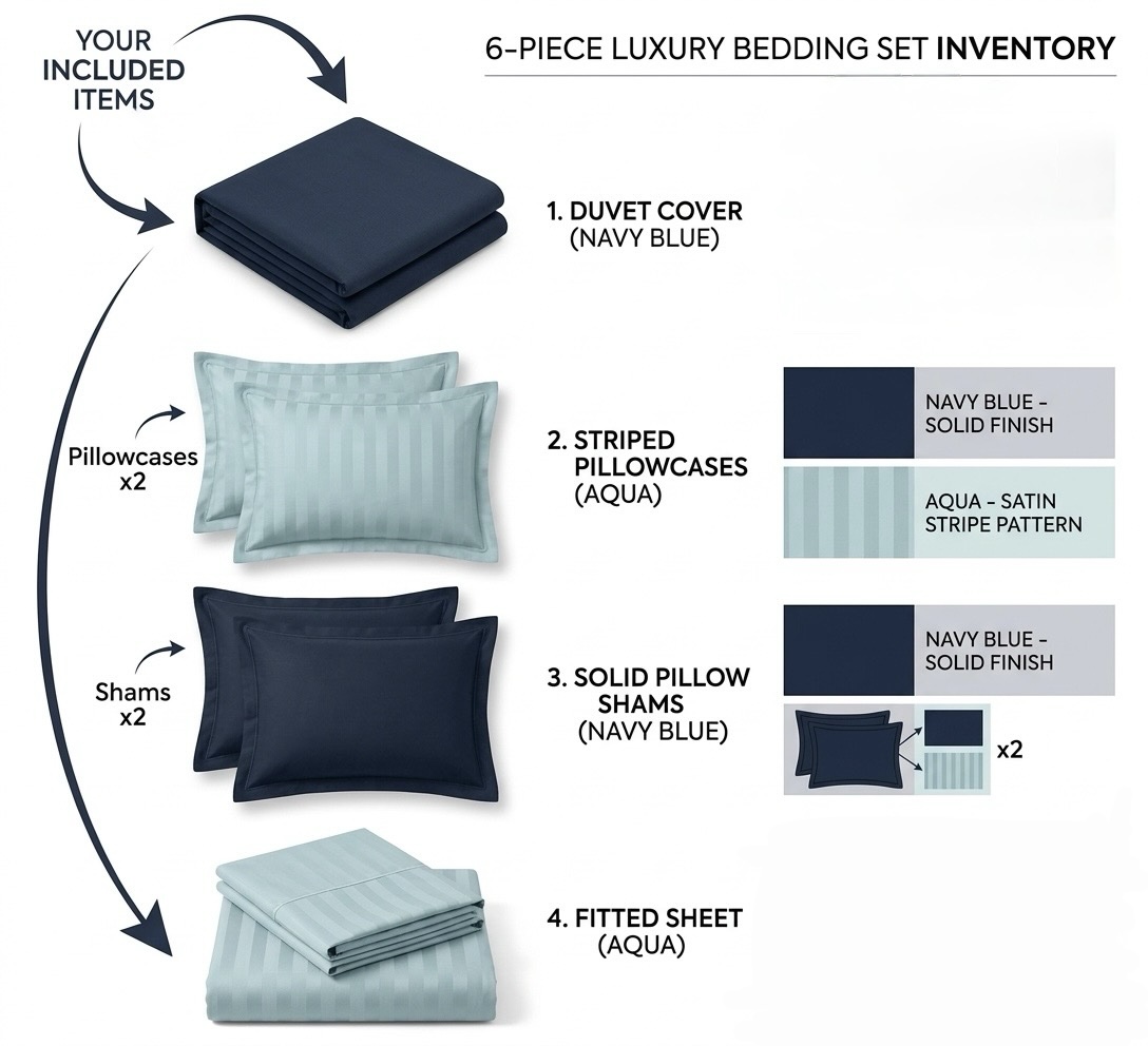 7 pcs set | Customised Charcoal blue with blue striped bedding set and Duvet - Image 6