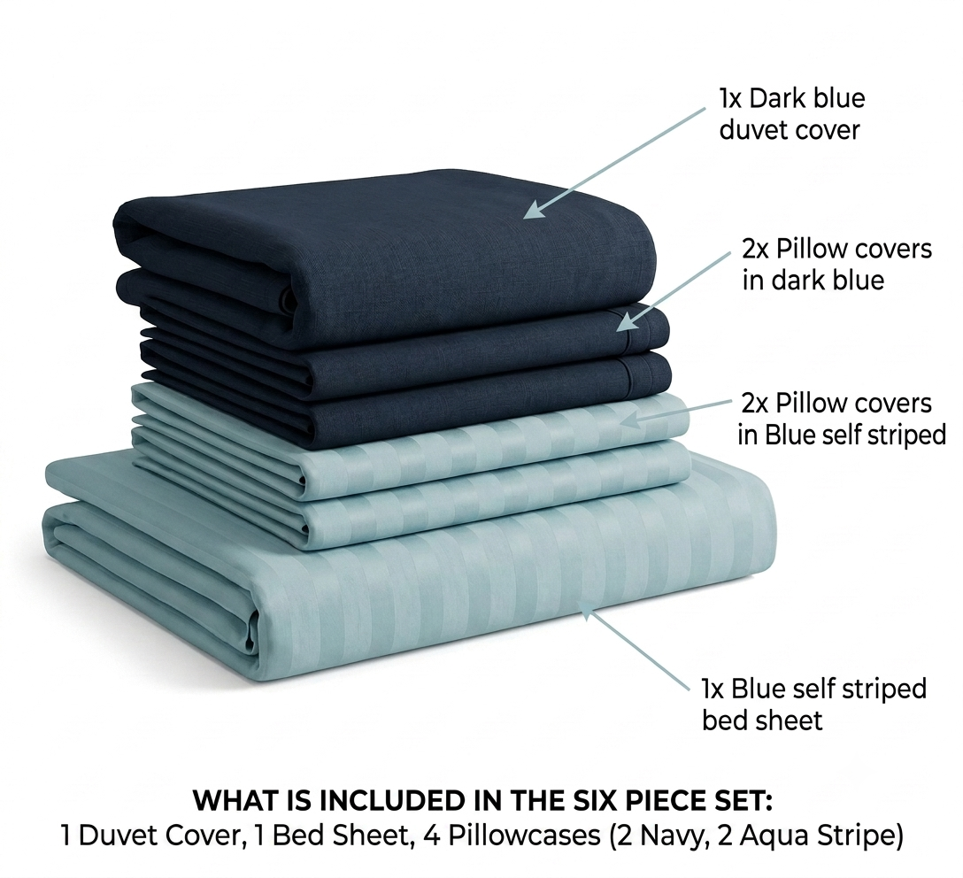 7 pcs set | Customised Charcoal blue with blue striped bedding set and Duvet - Image 2
