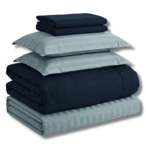 7 pcs set | Customised Charcoal blue with blue striped bedding set and Duvet