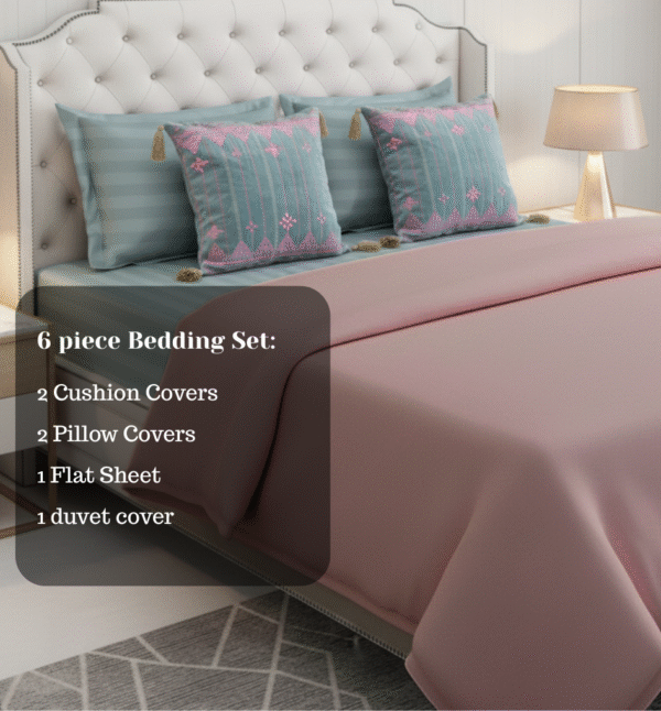 Blue Striped 6 pcs Luxury Complete Bedding Set | Bedsheet, Comforter and Cushion Cover - Image 4