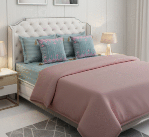 Blue Striped 6 pcs Luxury Complete Bedding Set | Bedsheet, Comforter and Cushion Cover